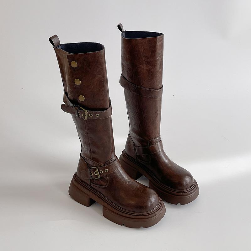 

British style retro style thick heel leather boots thick-soled boots women s autumn and winter fashion thin sleeve tall fashion boots 40 коричневый