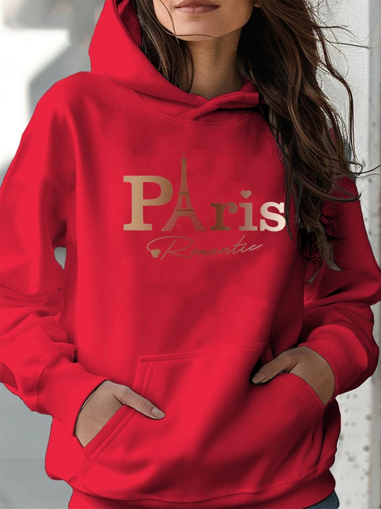 Women's Autumn and Winter Warm and Loose Casual Paris Pattern Printed Suede Long Sleeved Hooded Sweatshirt