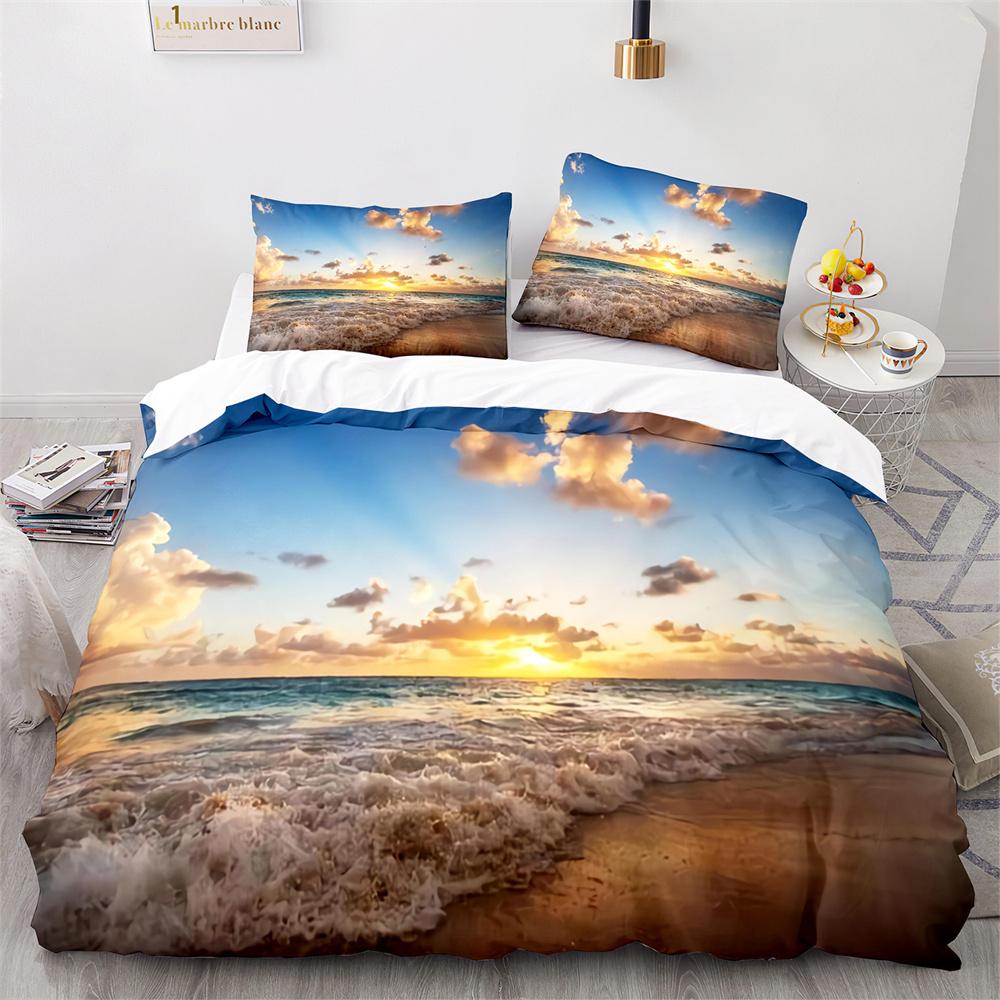 Beach Ocean Duvet Cover Set Sunset Hawaiian Waves Comforter Cover Tropical Island and Sea Beach Nature Polyester Bedding Set