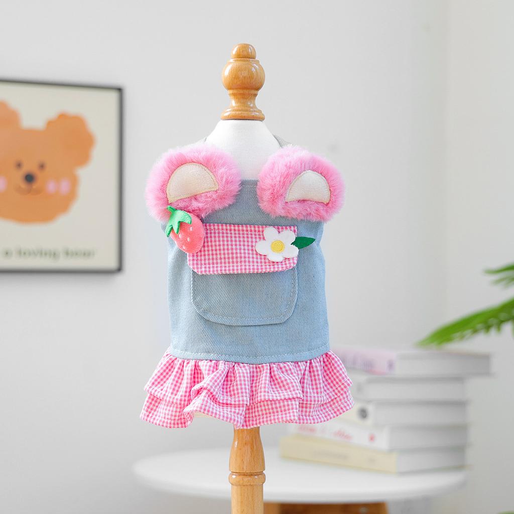 Pet circle dog cat clothes pocket skirt collection denim flower medium and small dog small red flower strap dress