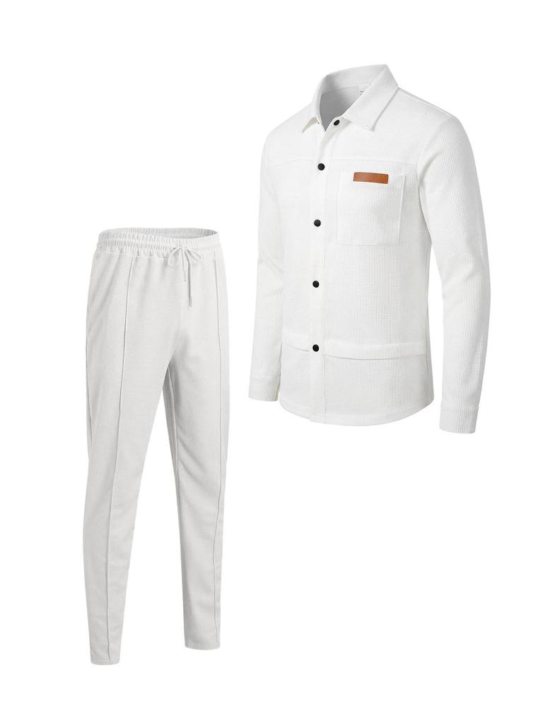 Men's Casual Waffle Knit Set: Solid Color Cardigan Jacket and Long Pants