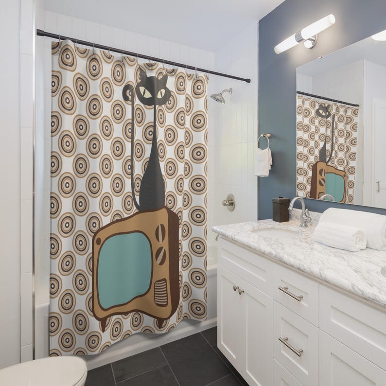 Atomic Cat Shower Curtain - Mid-Century Design, Brown & White, Retro Cat Bathroom Decor, Housewarming Gift W90XH180cm