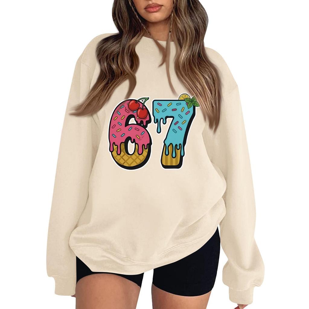 Damen Modisches Lässiges Langärmliges Rundhals-Pullover-Sweatshirt mit Aufdruck