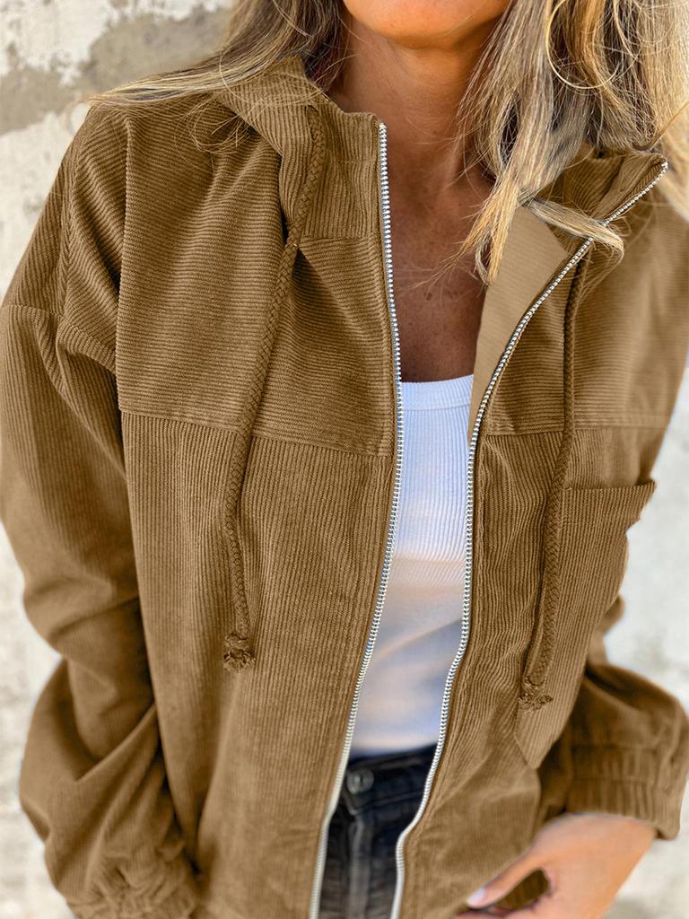 Giacca da donna autunnale in velluto a coste con cappuccio - Stile minimalista europeo e americano, tinta unita