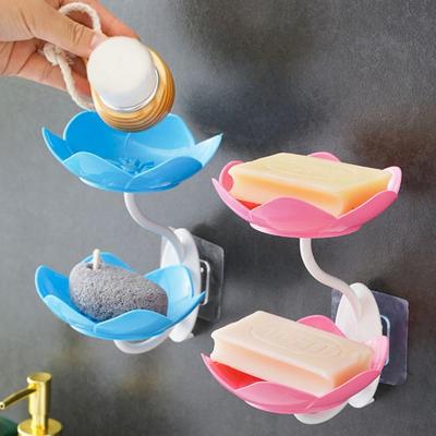 Double Layer Flowers Lotus Shape Draining Soap Dish Soap Box Plate Holder Portable Punch-free Soap Tray Bathroom Accessories
