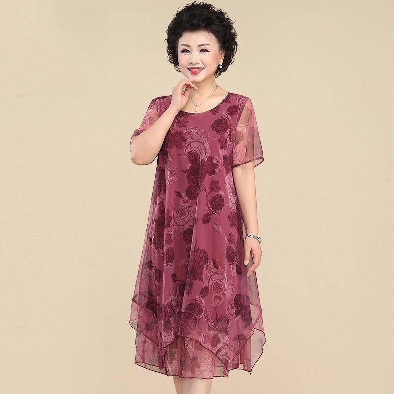 

Fattened plus size short-sleeved fat man dress fat mm women s clothing loose and thin foreign mother clothing mesh floral skirt L красный