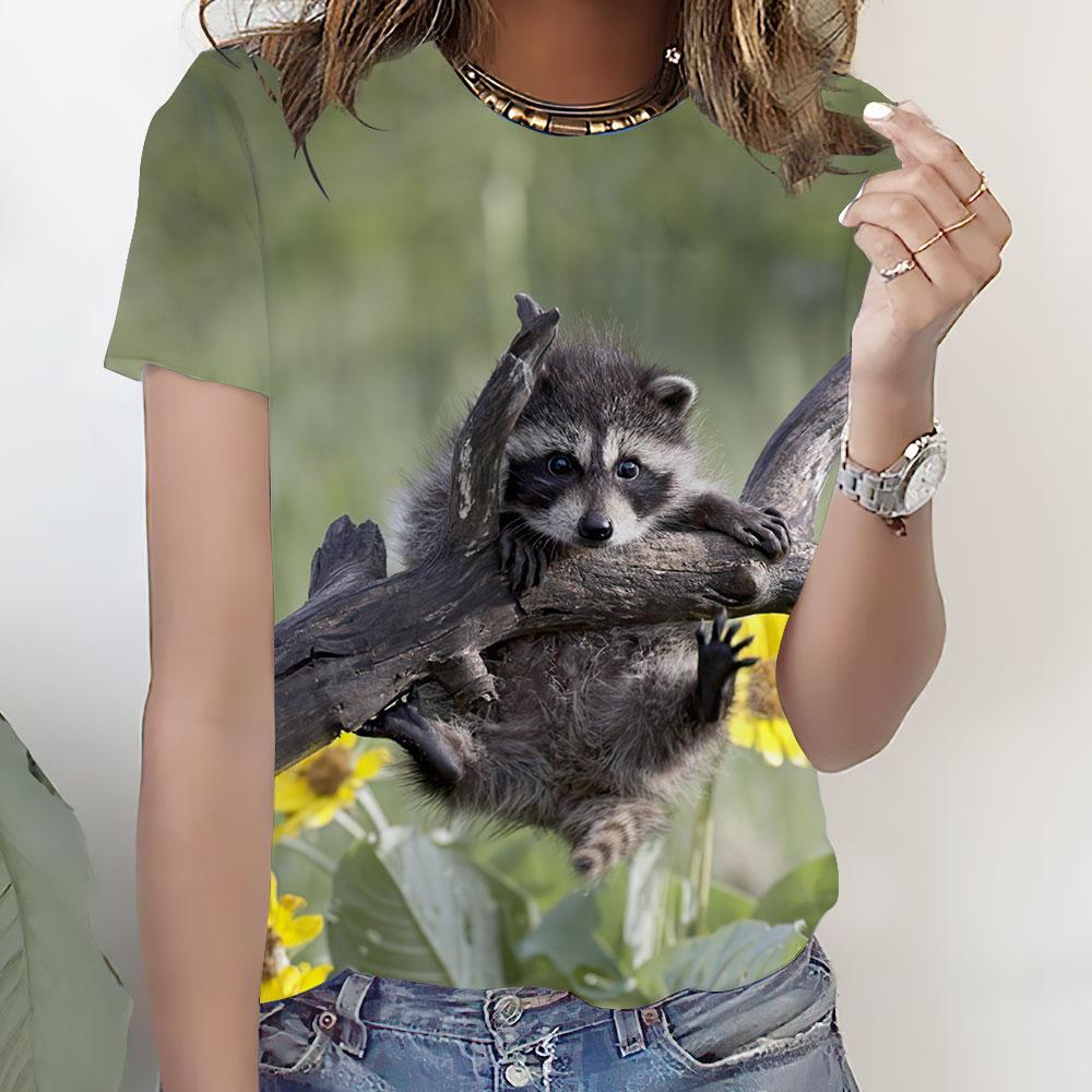 Summer Animal Cute Raccoon 3D Print T-shirts Women Streetwear Casual Fashion Y2k Short Sleeve T Shirt O-neck Tees Tops Clothing