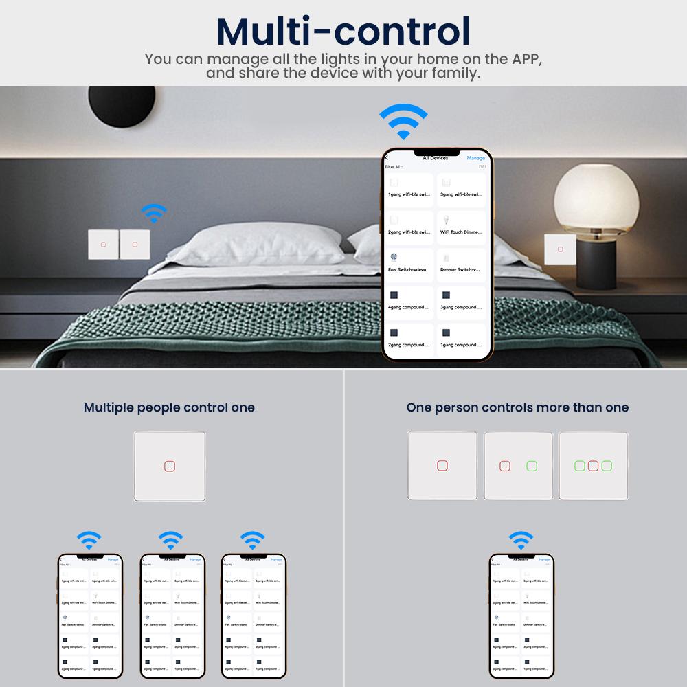 Interruttore a Parete Touch Smart Life per Casa a Singola/Doppia/Tripla/Quadrupla Uscita CE RoHS UKCA WiFi Compatibile con Alexa Vetro PC 250V
