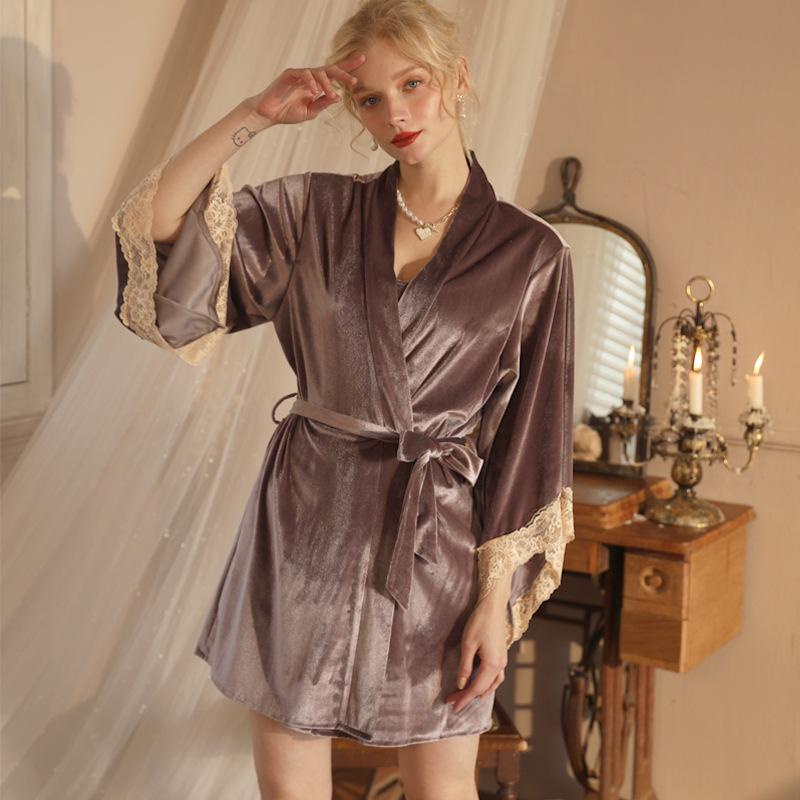Velvet Lace Mesh Heart Pajama Set: Strappy Nightgown & Robe