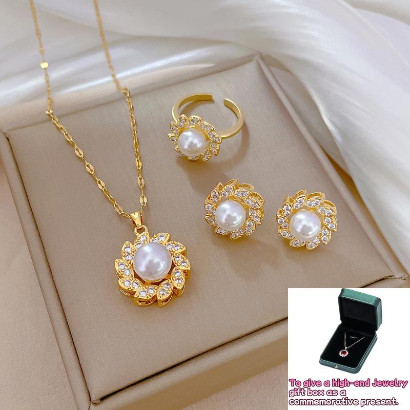 

[Set combination] Rotating pearl luxury temperament Internet celebrity full zirconium necklace women s fashion trend collarbone chain manufacturer