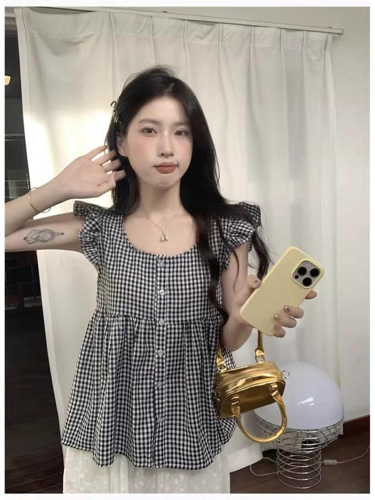 Women's Summer Plaid Loose-Fit Short-Sleeved Camisole Top