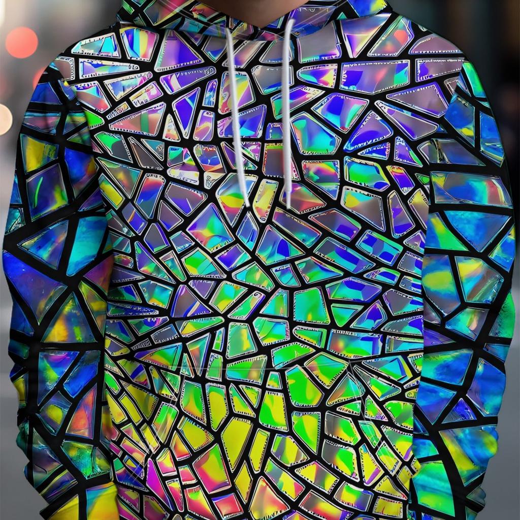 Women Iridescent Rainbow Broken Stained Glass Mosaic Full Print Hoodie Long Sleeve Colorful Street Casual Pullover Sweatshirt
