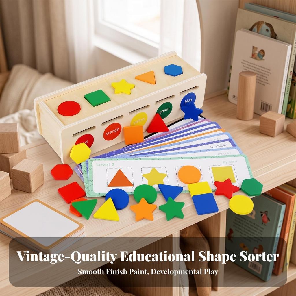 Wooden Shape Sorting Box Preschool Toy with Cards Educational