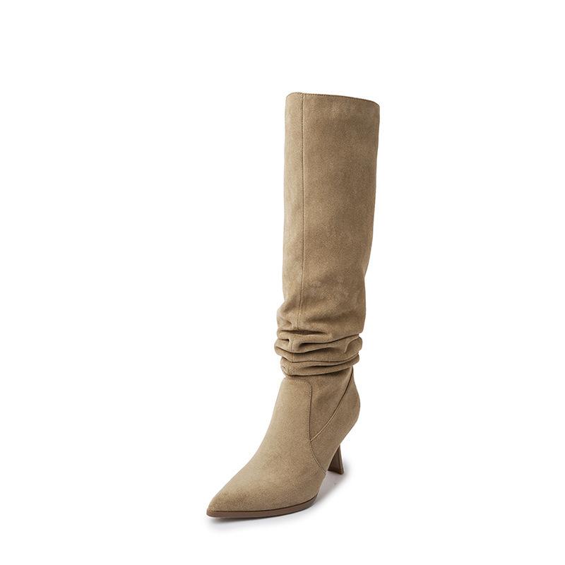 Pointed retro Korean suede stiletto stacking boots pleated western boots long boots