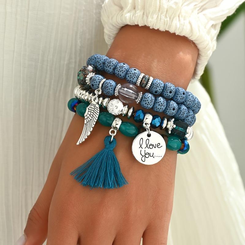 4pcs Bohemian Style Stacking Bracelets with Wings, Tassels & "I Love You" Charms, Assorted Beads, Ideal Gift for Teens And Family, Bracelet Charms