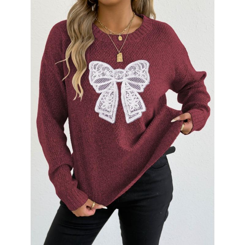 Women S Round Neck Long Sleeve Pullover Sweater Featuring Embroidered Lace Butterfly Splicing