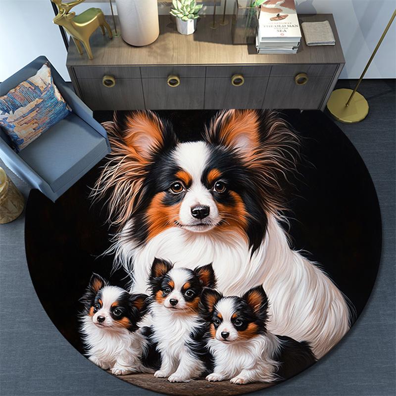 Papillon Dog Round Area Rug,Carpet Rug for Living Room Bedroom Sofa Playroom Decor,Non-slip Floor Mat