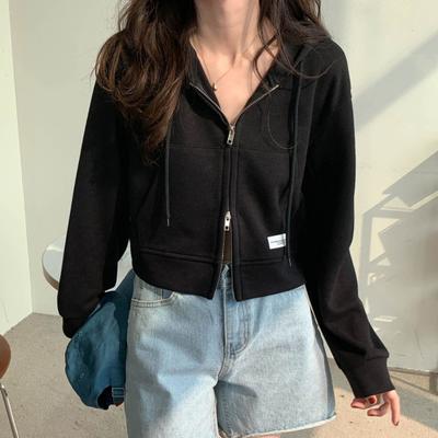 Yousheng Automne Printemps Femmes Manteau À Capuche Cordon Manches Longues Poches Zippées Ourlet Élastique Poignet Court Type Sport À Capuche Décontracté Quotidien Veste