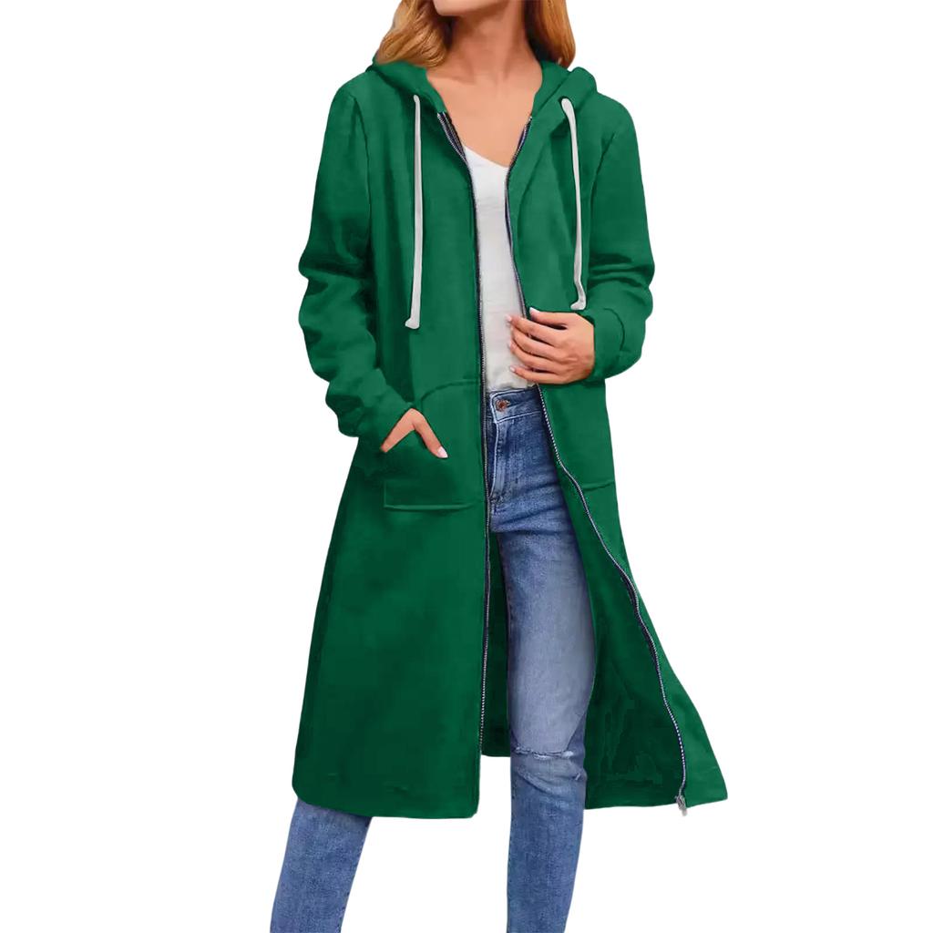 Women's Solid Color Fashionable Loose Zipper Long Cardigan Hooded Sweatshirt Jacket