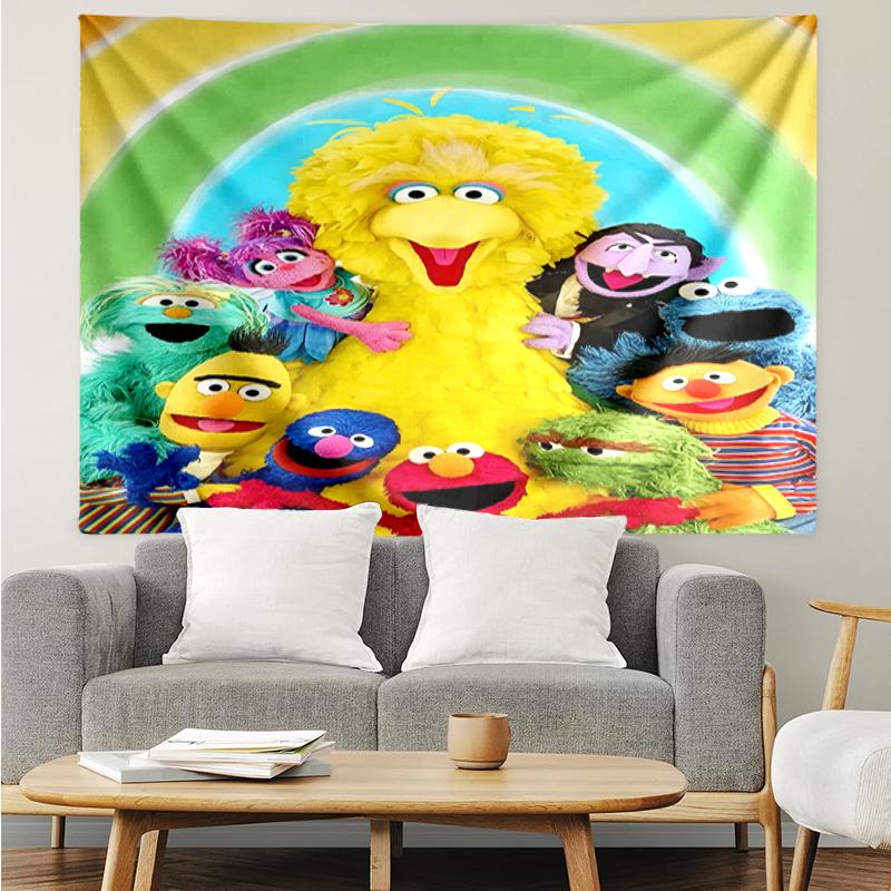 1PC Colorful Sesame Muppets Together Tapestry Accessories Playroom Tapestry, for Bedroom,Livingroom, dormitory Room Wall Decor Fan Birthday Gifts