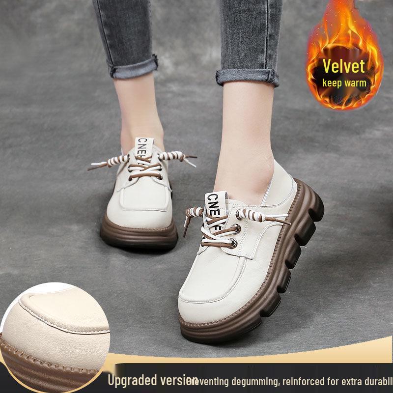 Women's Genuine Soft Leather Loafers, British Style 2025 - Spring/Autumn, Thick Sole, Lace-up, Versatile, Comfortable Shoes