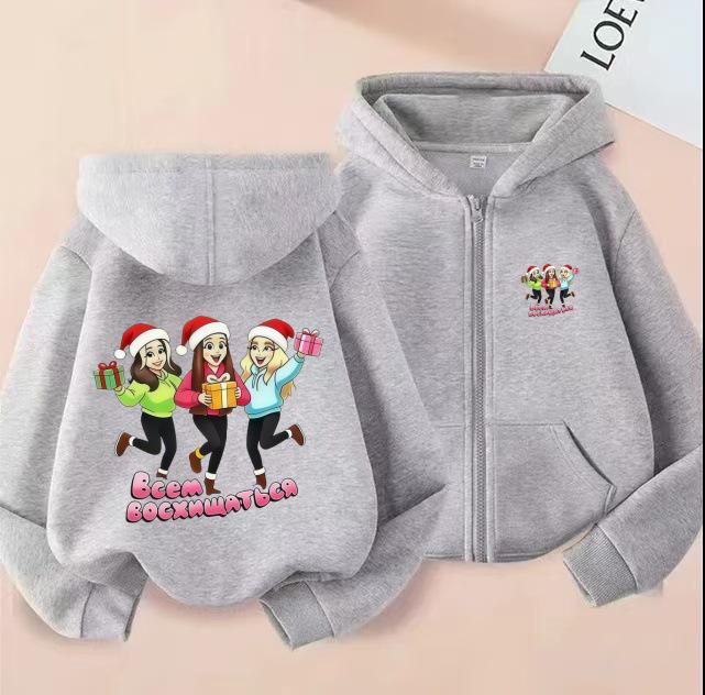 Adorable Cartoon Print Christmas Hoodie for Girls - Spring & Autumn Style with Russian Slogan 130cm светло-серый