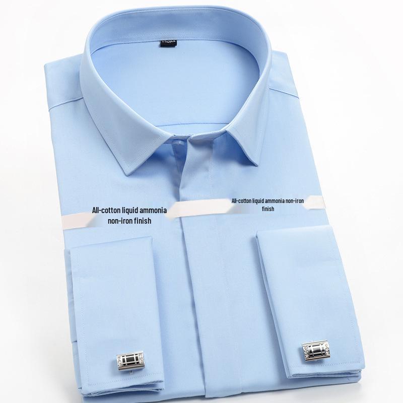 Golden Shield Black French Cuff Men's Long Sleeve Slim Fit Non-Iron Pure Cotton Dress Shirt