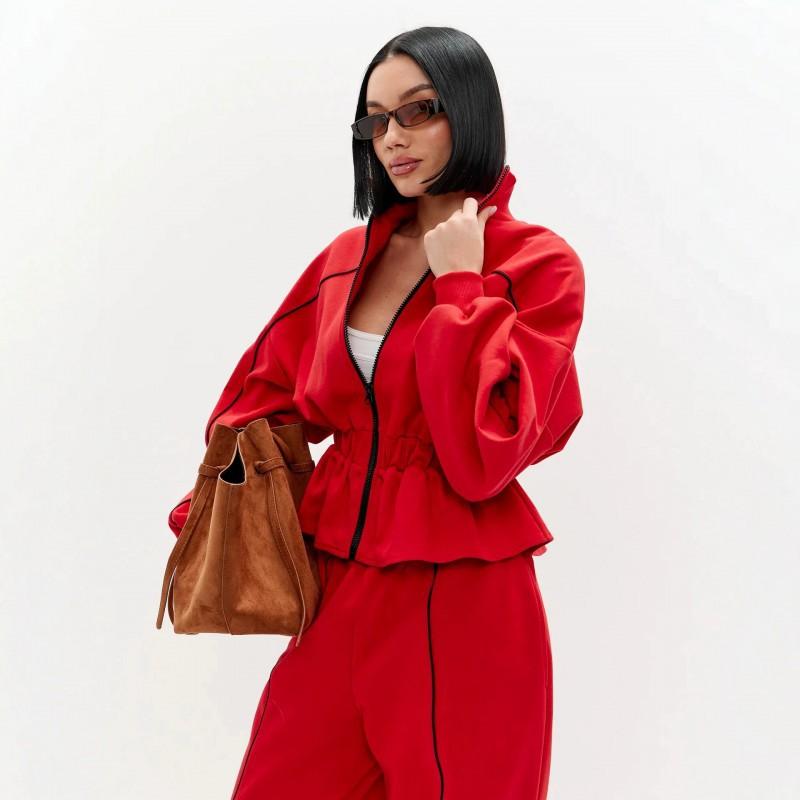 Casual Women's Suit Features Waist Folded Pleated Color Matching Long-sleeved Coat Trousers Two-piece Set