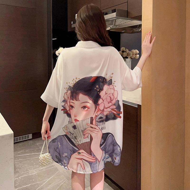 Sexy Nachtwäsche Damen Strickjacke Mittellanger Rock Student Homewear Lose Revers Nachthemden Können Draußen Getragen Werden Damen Nachthemden