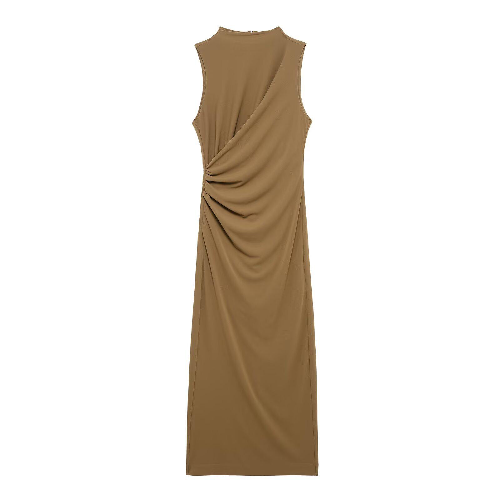 

2025 Spring Women s Semi-High Neck Pleated Sleeveless Long Dress S