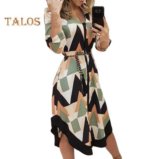 Damen-Midikleid mit Knopfleiste und V-Ausschnitt, langärmliges Kleid mit Schnürung und Aufdruck, lässiges Sommeroutfit für den Alltag, Urlaub, Club, Cocktailparty