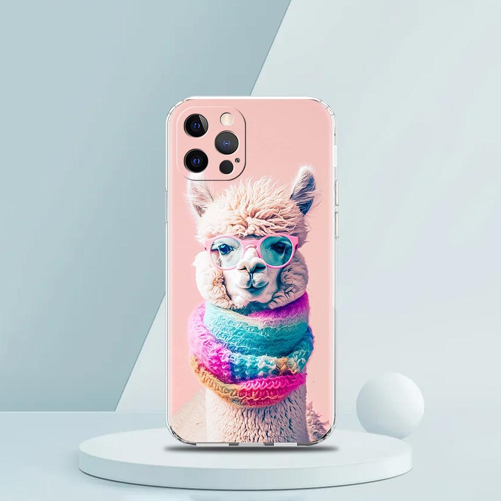 For iPhone 15 16 14 13 12 mini 11 Pro Max XS X XR SE 7 8 Plus Silicone Clear Cover Kawaii Alpaca lovely Luxury Phone Case