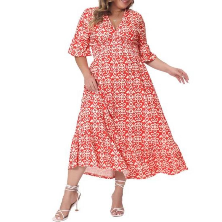 

Geometric Printed Evening Party Beach Dress Women V-Neck Half Sleeve Elastic High Waist Flowy Hem Midi Dress XL красный