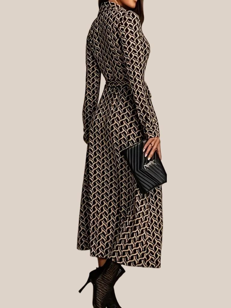 2026 Elegant European & American Style Long-Sleeve Cinched Waist Print Dress for Women - Spring & Autumn Fashion