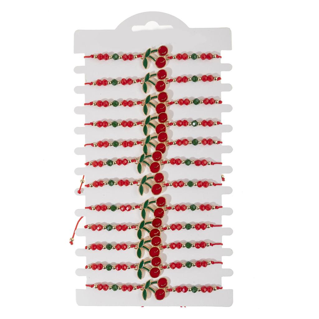 12 Pack Adjustable Cherrys Braided Bracelets With Alloy and Crystals Beads for Women Girls Gift