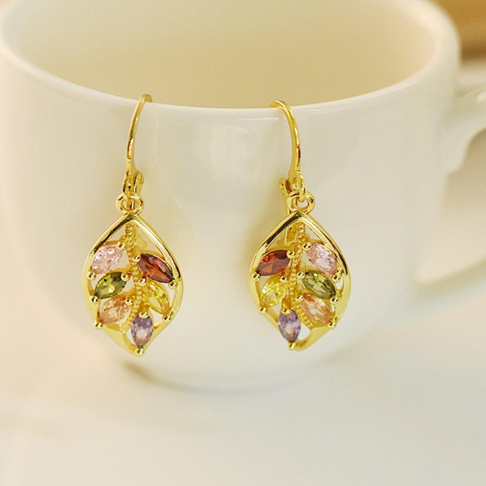 18k Gold Plated Leaf Earrings with Colorful Topaz Gemstones Elegant Dangle Earrings for Women
