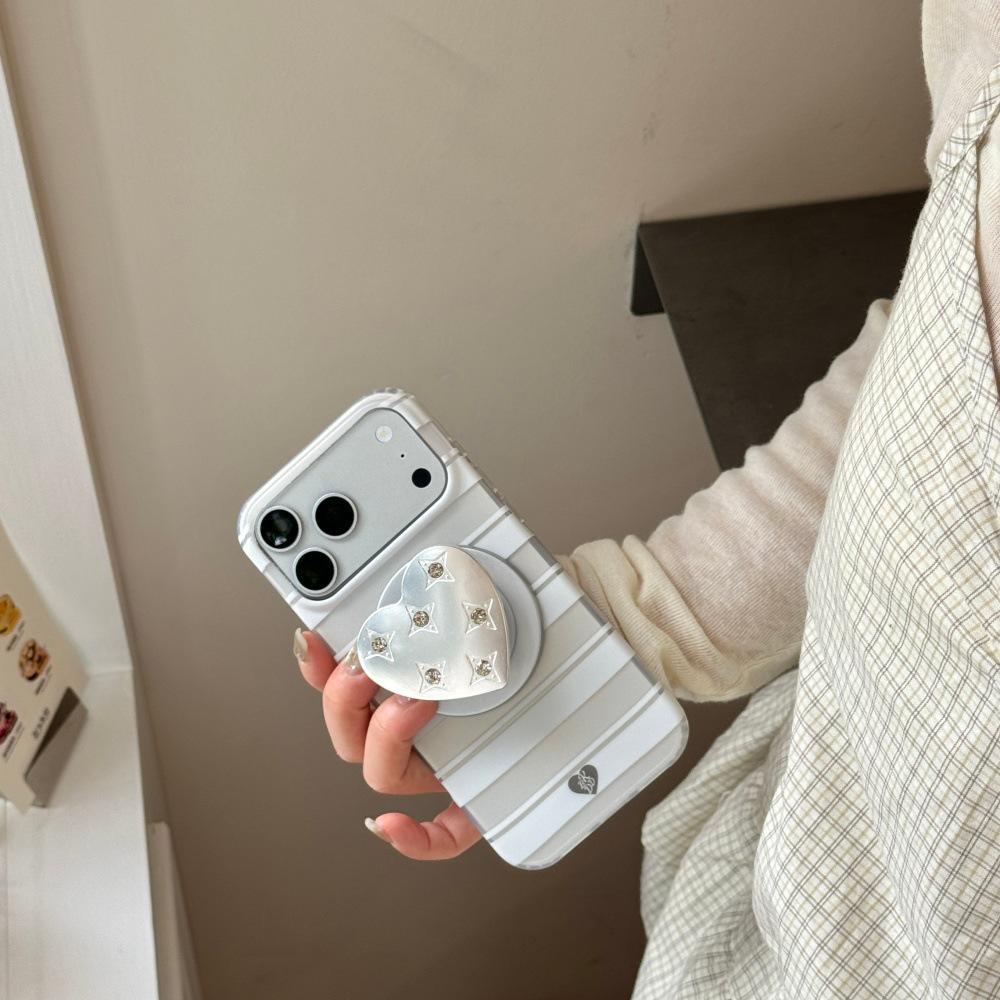 Korean Style Silver Diamond Heart Magnetic Case for iPhone 15/14 Pro Max with White Stripes