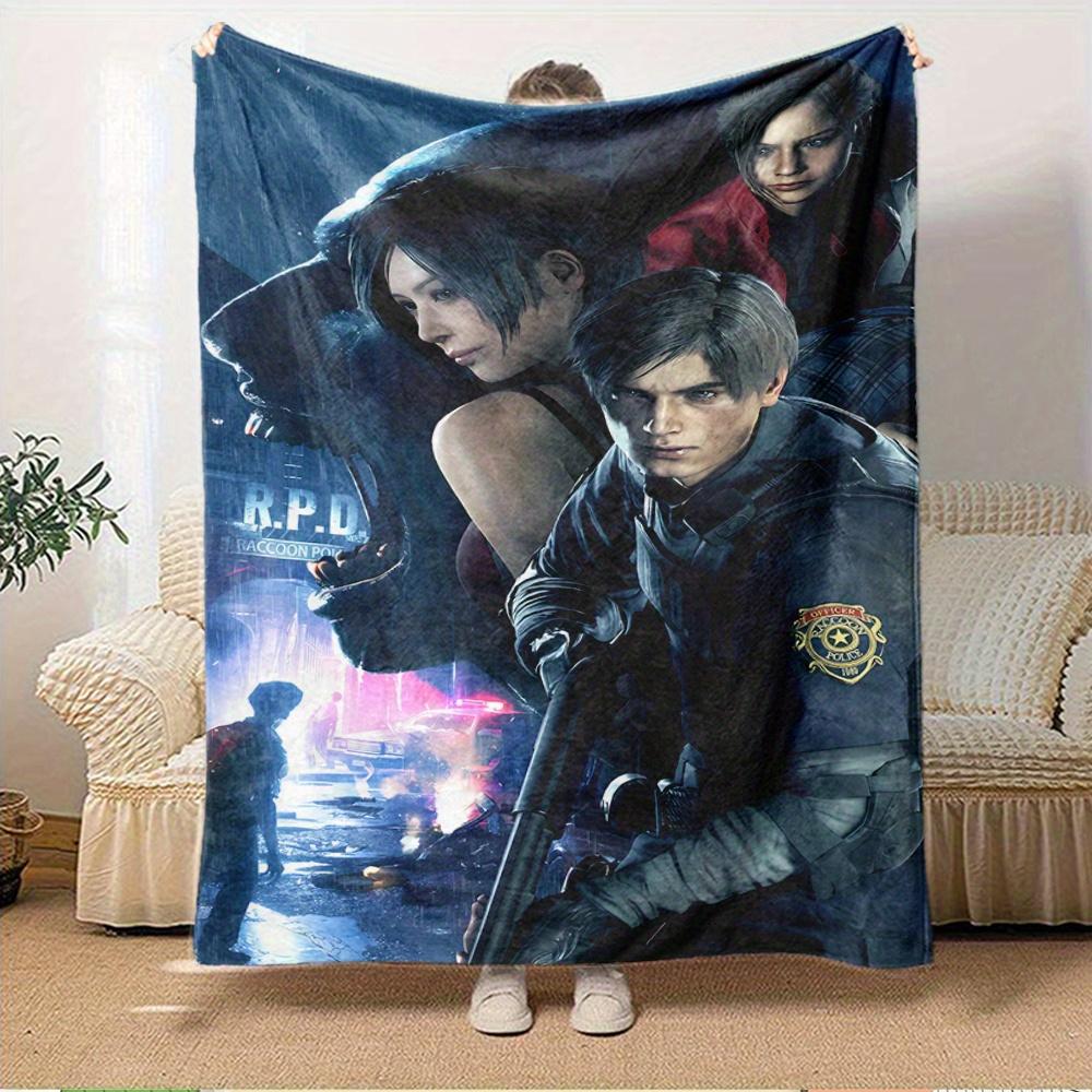 For Resident Evil,Leon Kennedy,Claire Redfield-Themed Flannel Blanket, Glam Style, Digital Print, All-Season Comfort, Tear-Resistant, Knitte