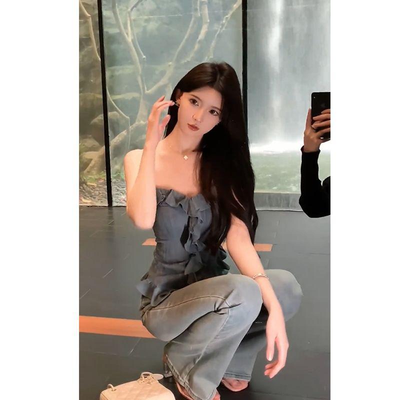 Women's Denim Ruffle Tube Top Strapless Slim Fit Sleeveless Blouse Casual Party Daily Wear