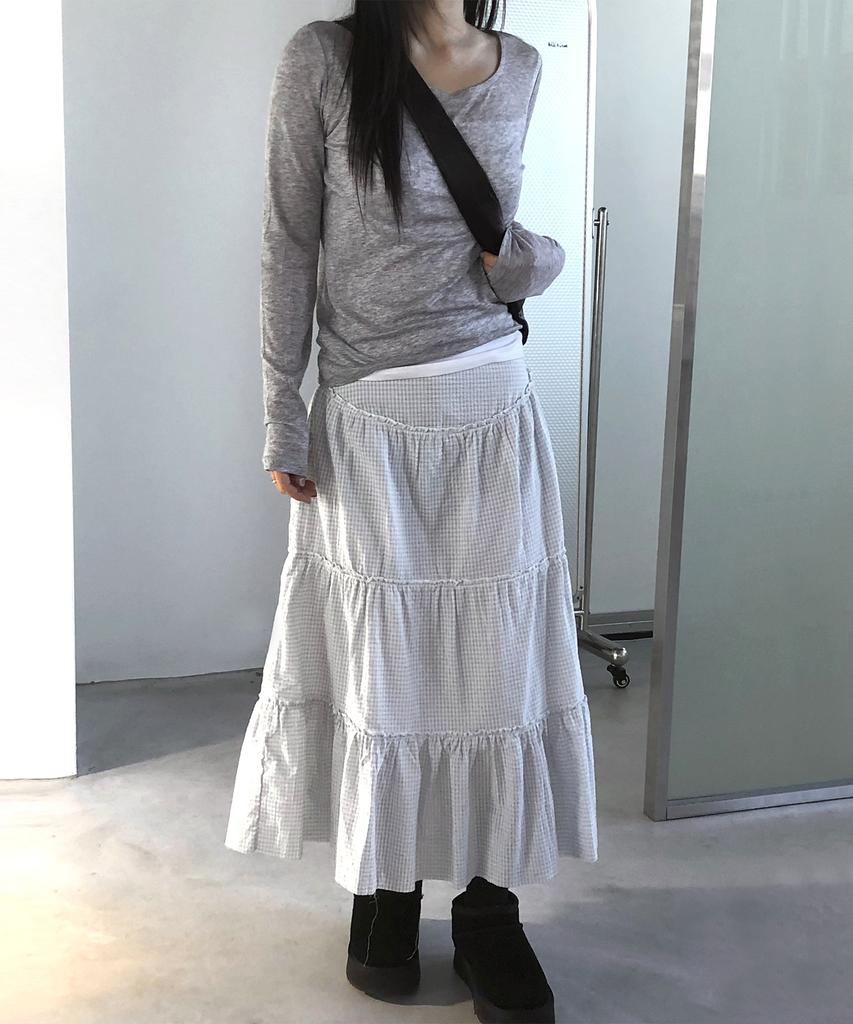 Chix Check Tiered Long Skirt Sky Blue