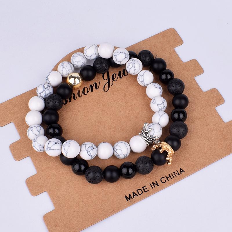 2pcs Charm Paired Bracelets Men Sets Crown Women's Bracelets Natural Stone Beads Wristband Couple Bracelet Gifts Friends Jewelry