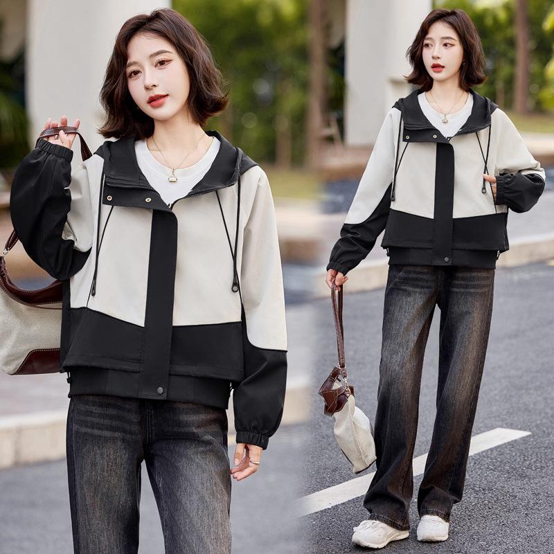 

Женская куртка с капюшоном в стиле колор-блок - Весна/Осень 2025, Повседневный свободный крой, Универсальный дизайн (LU8950) чёрный