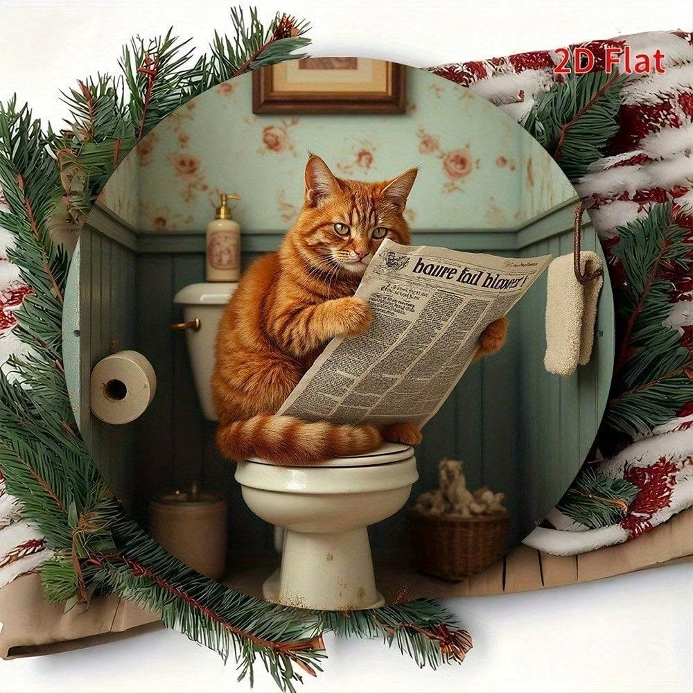 1pc 2D Round Aluminum Metal Sign Cat Reading Retro Wall Decor Humorous Bathroom Toilet Ornament Gift