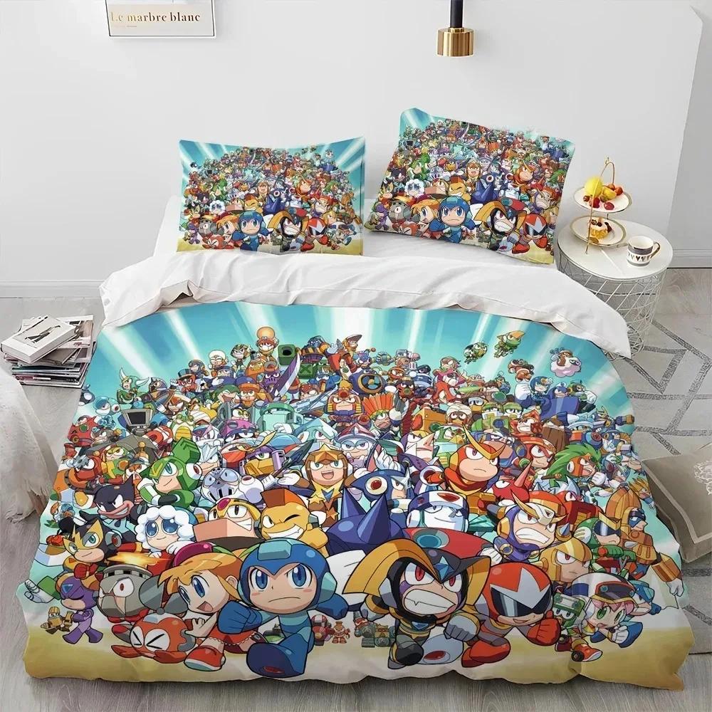 3D Rockman Megaman Spiel Cartoon Bettdecke Bettwäscheset, Bettbezug Bettset Steppdecke Kissenbezug, King Queen Size Bettwäscheset Kind
