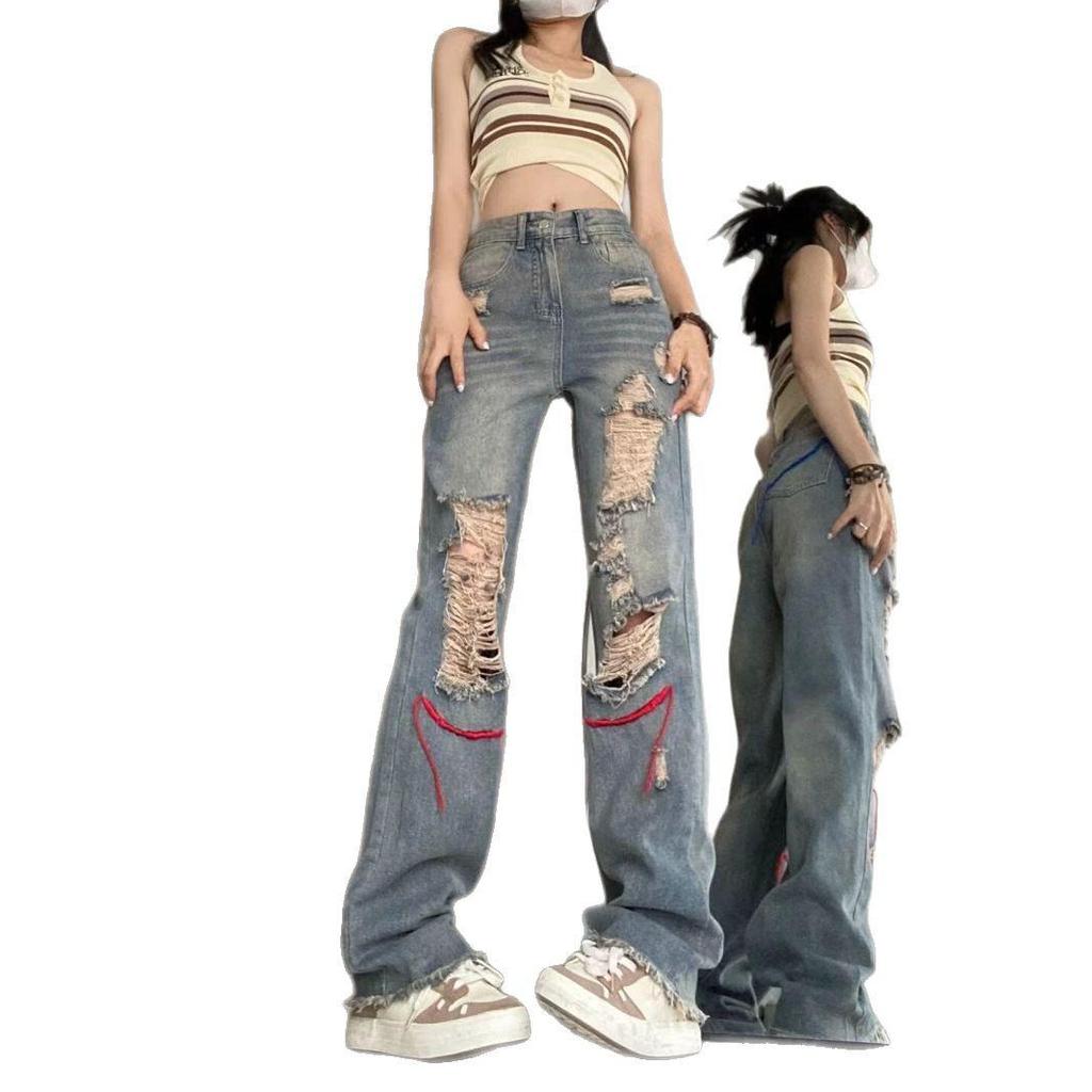 High Waist Ripped Jeans for Women - Loose Wide-Leg Pants with Trendy Streetwear Design