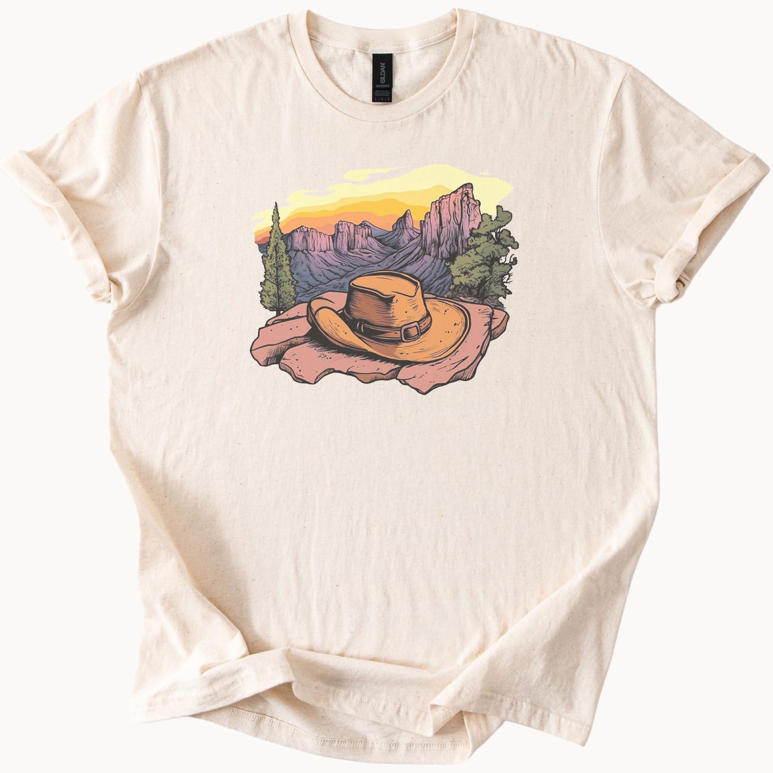 Western Cowboy Hat Graphic T Shirt Desert Mountain Sunset Scene Nature Adventure Tee Outdoor Hiking Gift for Nature Lovers 120