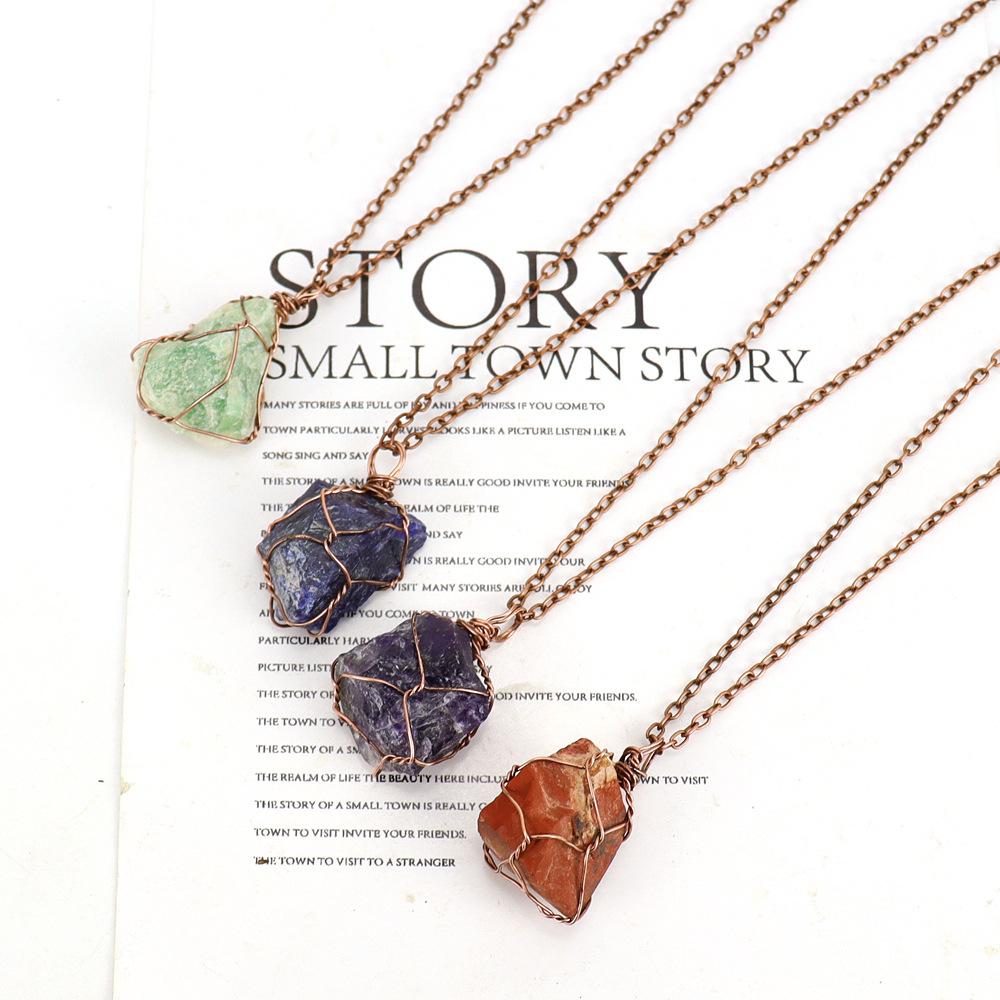 Irregular Natural Crystal Amethyst Rough Stone Pendant Handmade Silk Mesh Pocket Necklace N652