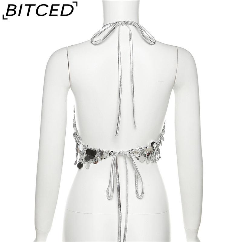 BITCED Summer Women's Fashion Sexy Halterneck Backless Sequinned Crop Top