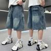 Boys' Trendy Sleeveless Set: Summer Thin Denim Bermuda Shorts & Spray Dye Print Vest T-shirt.