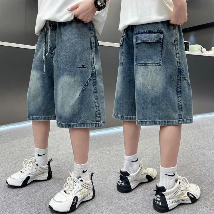 Boys' Trendy Sleeveless Set: Summer Thin Denim Bermuda Shorts & Spray Dye Print Vest T-shirt.